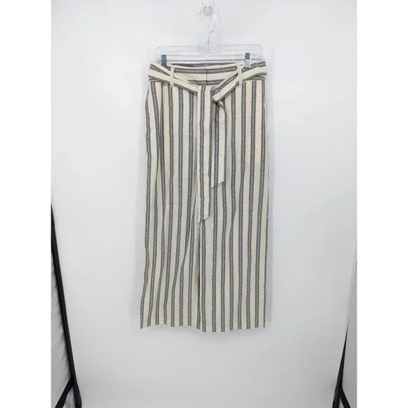 Rebecca Minkoff Wide Leg Pants Women 4 Cream Striped Belted Cotton Resort Office - Picture 2 of 12